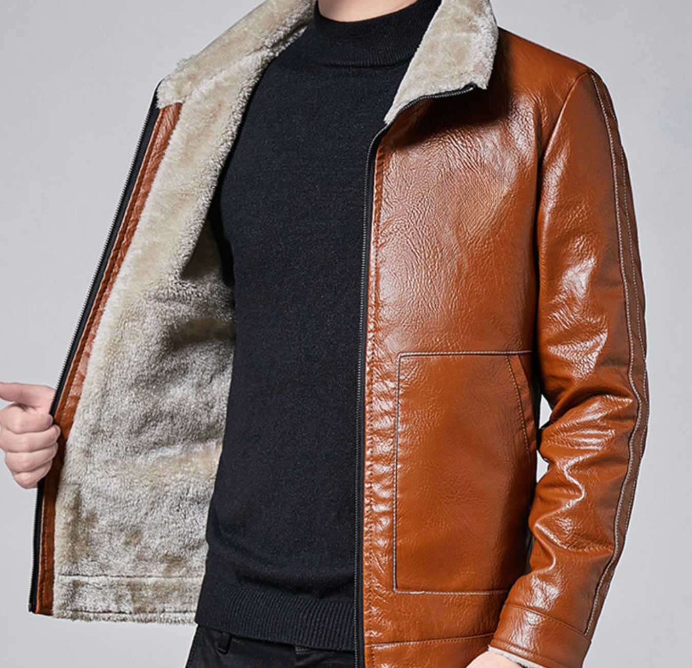 Men's Luxe Fur-Lapel PU Jacket