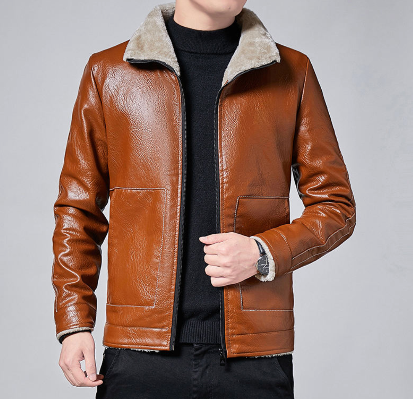 Men's Luxe Fur-Lapel PU Jacket